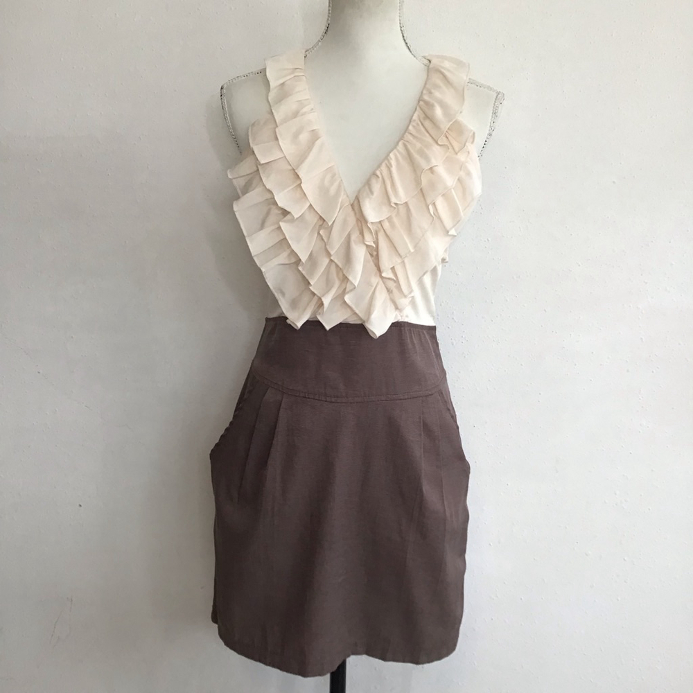 Tini Lili Women Elegant Brown & Beige Ruffled Mini Dress - Size M